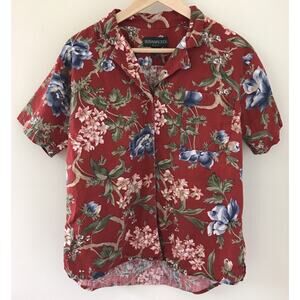 Vtg 80s 90s Bushwacker USA Made Cotton Linen Red Tropical Button Up Shirt M 42"